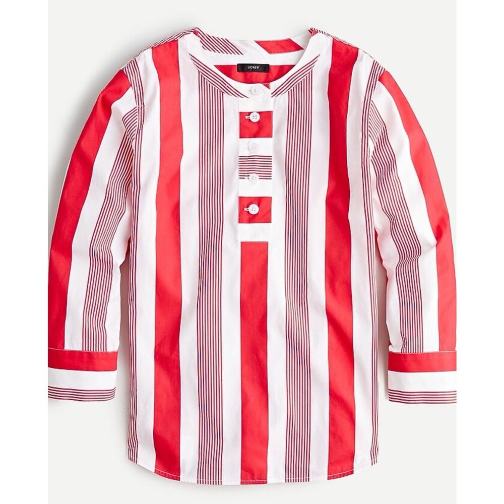 NWT J.Crew Button-Front Poplin Tunic in a red and white stripe pattern XS 2249 - Picture 1 of 9